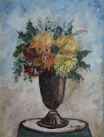 FARGE Pierre, 1878-1947, Bouquet de zinnias huile sur toile, signée en bas à droite,...