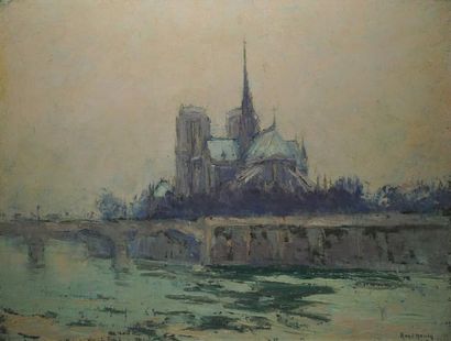 HANIN René, 1873-1943, Notre-Dame, ciel rose huile sur toile sur fond de bois, signée...