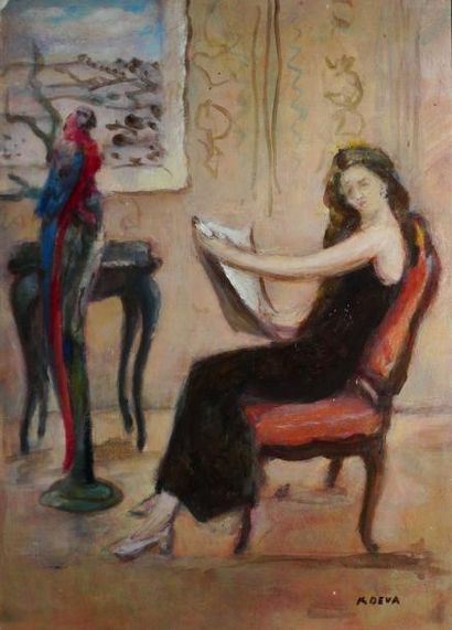 KOEVA-EHLINGER Radka, née en 1937, Femme dessinant un perroquet huile sur carton,...