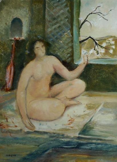 KOEVA-EHLINGER Radka, née en 1937, Nu assis à l'arbre en fleurs huile sur carton,...