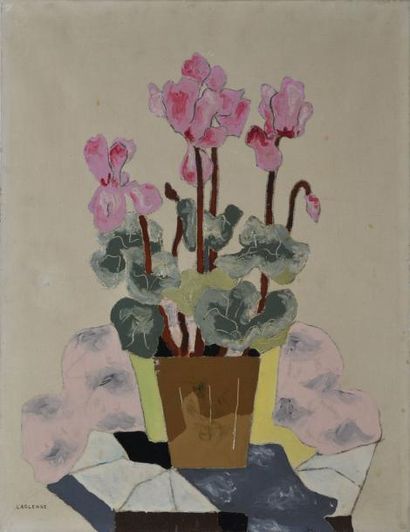 LAGLENNE Jean-François, 1899-1962 Pot de cyclamens huile sur toile (accidents), signée...