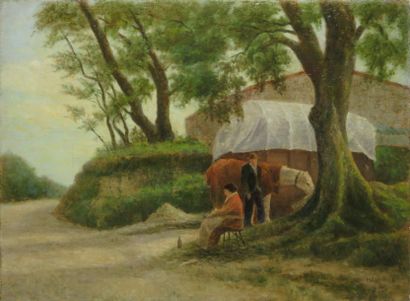 LIMOGE Henri, début XXe siècle, Paysans à la roulotte huile sur toile, signée en...