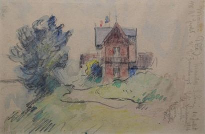 LOISEAU Gustave, 1865-1935, Maison près de Tournedos sur Seine, 14 juillet 1916 aquarelle...