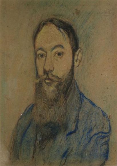 MILCENDEAU Charles, 1872-1919, Portrait d'homme barbu dessin au crayons de couleurs...