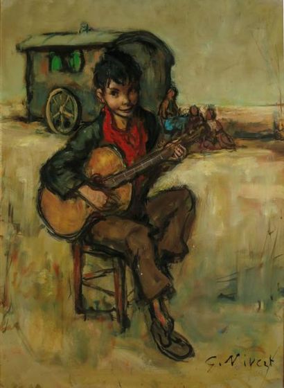 NIVERT Georgette, XXe siècle, Jeune gitan à la guitare huile sur toile (petites restaurations),...
