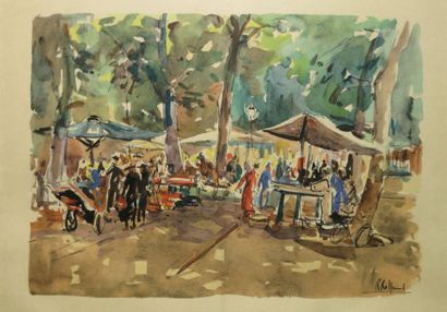 ROLLAND R., XXe siècle, Le marché sous les arbres aquarelle, signée en bas à droite,...