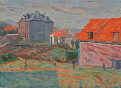 SABOURAUD Émile, 1900 -1996 Le village animé Huile sur toile (petit manque), signée...