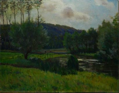 SCHNEIDER H., début XXe siècle, La Bresle à la forêt d'Eu, août 1907 huile sur toile...