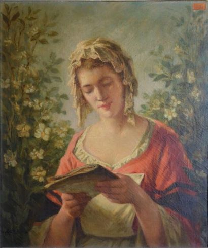 SORKAU Albert, 1874-1951 La lecture au jardin huile sur toile (traces de craquelures),...