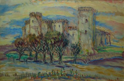 SOURDILLON Berthe, 1895-1976 Château huile sur carton marouflé sur toile, signé en...