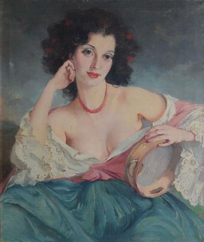 SZANTHO Maria, circa 1898/1908-1984 Gitane au tambourin, huile sur toile (traces...