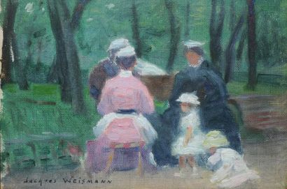 WEISMANN Jacques, né en 1878, Les nounous au parc Monceau huile sur carton toilé,...