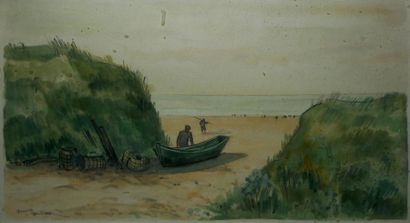 ANTRAL Louis, 1895-1939, Bord de mer aux dunes, Deauville (??) aquarelle (petites...