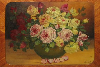 BECLAUD, XIX-XXe siècles, Bouquet de roses huile sur toile marouflée sur panneau,...