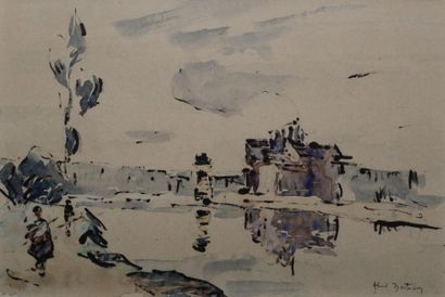 BERTRAM Abel, 1871-1954, Promeneurs en bord de rivière aquarelle sur papier beige,...
