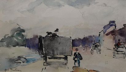 BERTRAM Abel, 1871-1954, Le charriot sur la route aquarelle, signée en bas à gauche,...