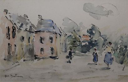 BERTRAM Abel, 1871-1954, Personnages devant une maison aquarelle, signée en bas à...