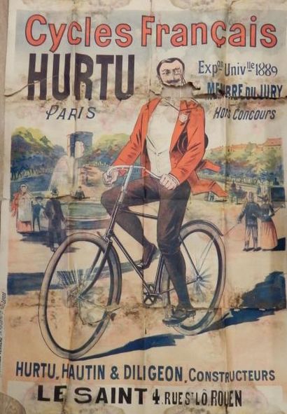 null Cycles Français Hurtu 1889 100 x 140 cm non entoilée pliée état très moyen avec...