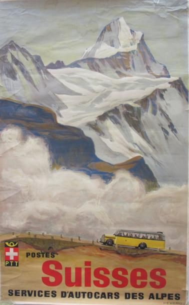 null Postes Suisses services d'Autocars des Alpes 1939 non entoilée 62 x 100 cm (froissure...