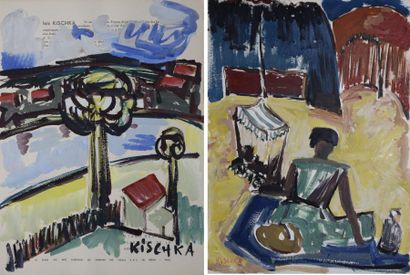 KISCHKA Isis, 1908-1973 Paysage- Femme Deux gouaches pour la Kermesse aux Étoiles,...