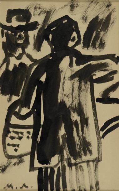 LARIONOV Mikhail, 1881-1964 Figure au panier Encre noire sur papier beige (légère...