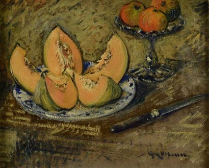 LOISEAU Gustave, 1865-1935 Nature morte au melon. Huile sur carton, signé en bas...