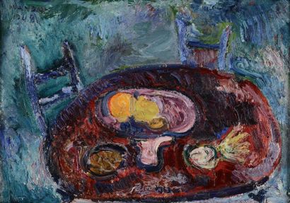 MANDIN Richard, 1909- 2002 Compotier à la table rouge, 1948. Huile sur toile, signée...