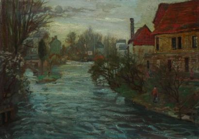 ROGER Guillaume, 1867-1943 Paysage fluvial aux toîts rouges. Huile sur toile (usures),...