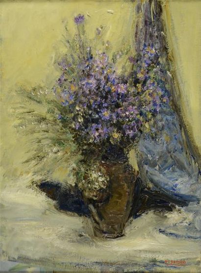 SERRA Antoine, 1908-1995 Bouquet violet. Huile sur papier marouflé sur toile, signé...
