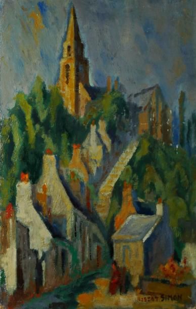 SIMON Robert, 1888-1961 Paysage de Falaise, Calvados 1955. Huile sur carton marouflé...