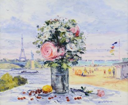YOLDJOGLOU Georges, né en 1933 Paris plage. Huile sur carton, signé en bas à droite,...