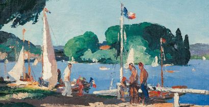 BALANDE Gaston, 1880- 1971 Les voiliers au bord du lac. Huile sur toile, signée en...