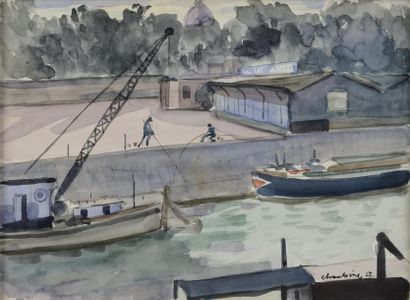 CHOUBINE Serge, c.1900-1931 Pêcheurs dans le port, 1927 Aquarelle, signée et datée...