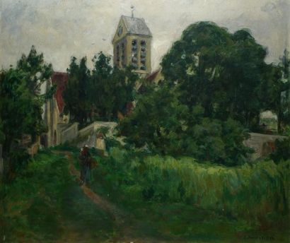 DAVID-NILLET Germain, 1861-1932 Paysanne au chemin devant l'église. Huile sur toile...