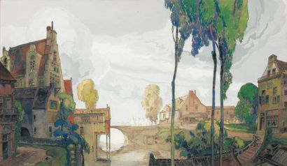 DE FEURE Georges, 1868-1943 Village et canal en Hollande Gouache sur papier beige,...
