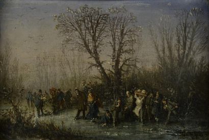 ÉCOLE HOLLANDAISE du XIXe siècle L'étang gelé. Huile sur toile rentoilée, signature...