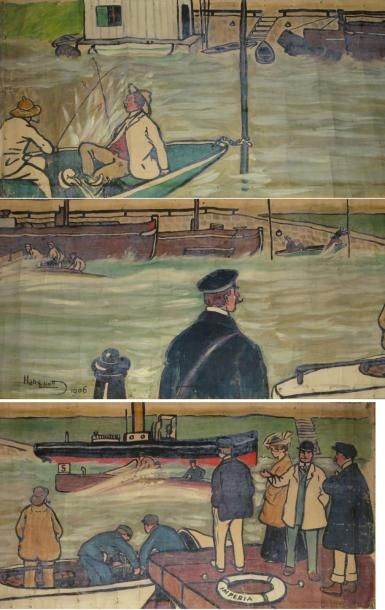 ELIOTT Harry, 1882-1959 Course de canots à moteurs, 1906. Huile sur toile roulée,...