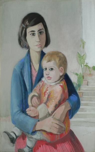 Femme et enfant, 1933 Huile sur papier, signé et daté en bas à droite, 64 x 45 c...
