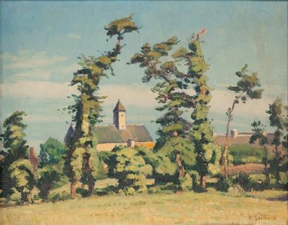 GUILLOUX Charles Victor, 1866-1946 Village derrière les arbres. Huile sur carton...
