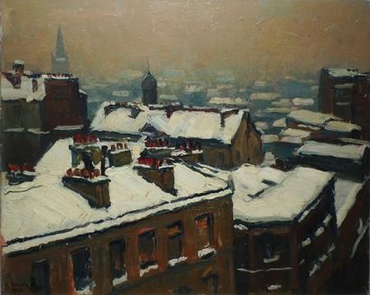 HERVIGO Gustave, 1896-1993 Neige sur les toits de Paris, 1946. Huile sur toile, signée...