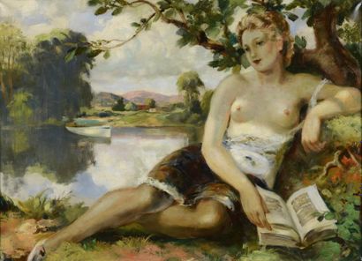 HOFER André, 1890-1973 La lecture au bord de l'étang, 1942. Huile sur toile, signée...