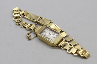 null Montre bracelet de dame, boîtier rectangulaire en or jaune 18k (750), cadran...