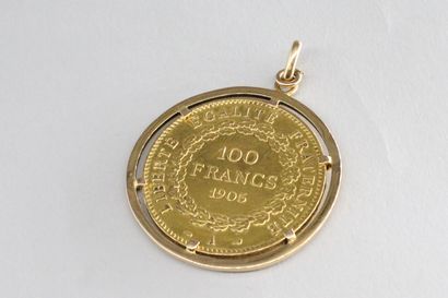 null Pièce en or de 100 Francs (1905 A), montée en pendentif en or jaune 18k (750)

Poids...