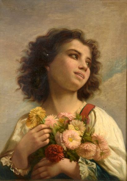 ANONYME XIXe siècle,

Jeune fille aux chrysanthèmes,

huile...