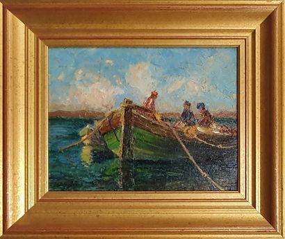 null BONAMICI Louis, 1878-1966,

Pêcheurs en barque,

huile sur panneau, signé en...
