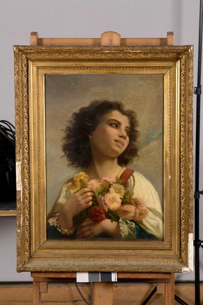 null ANONYME XIXe siècle,

Jeune fille aux chrysanthèmes,

huile sur toile (quelques...