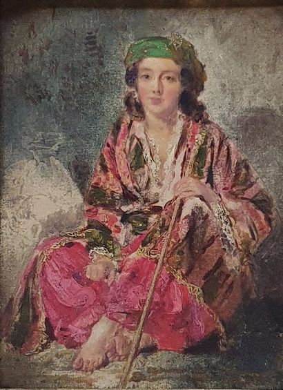 null ANONYMOUS 19th century,

Oriental shepherdess,

oil on prepared cardboard (wear...