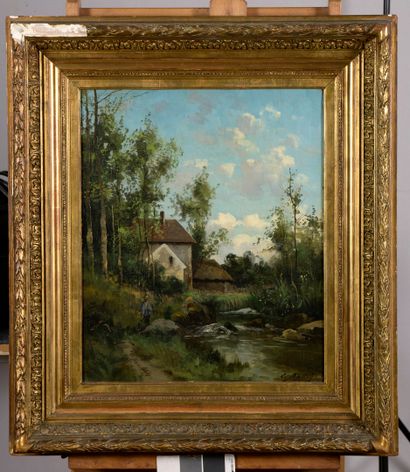 null BALLUE Pierre Ernest, 1855-1928,

Pêcheur près d'un ruisseau,

huile sur toile...