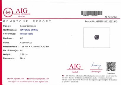 null Spinel "cobalt blue" cushion on paper. 

Accompanied by an AIG certificate.

Weight...