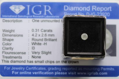 null Diamant "white H" rond sous scellé.

Accompagné d'un certificat de l'IGR indiquant...